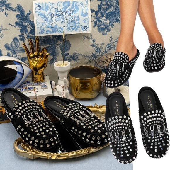 🆕 KURT GEIGER LONDON 🧿 NWOB Kurt Crystal Slipper, Black Suede - Sz 39 US 8.5 - Picture 1 of 16